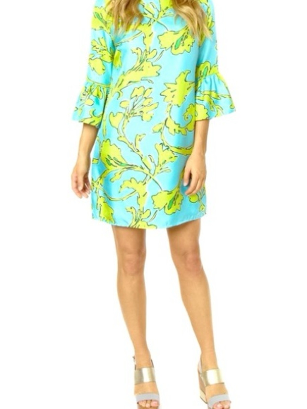 Julie Brown S Teal and Green Tropical Floral Shift Dress with Bell Sleeves